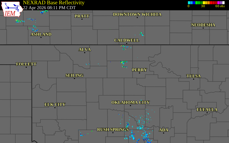 Radar snapshot during the Apr 22, 2026 tornado event near 2 SW Vance Air Force Ba, Garfield County, Oklahoma, with NWS warning polygons