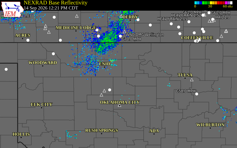 Current NEXRAD radar over Garfield County, Oklahoma with recent storm report locations