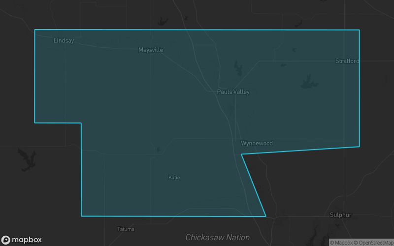 Map of Garvin County, Oklahoma showing the county boundary and surrounding cities