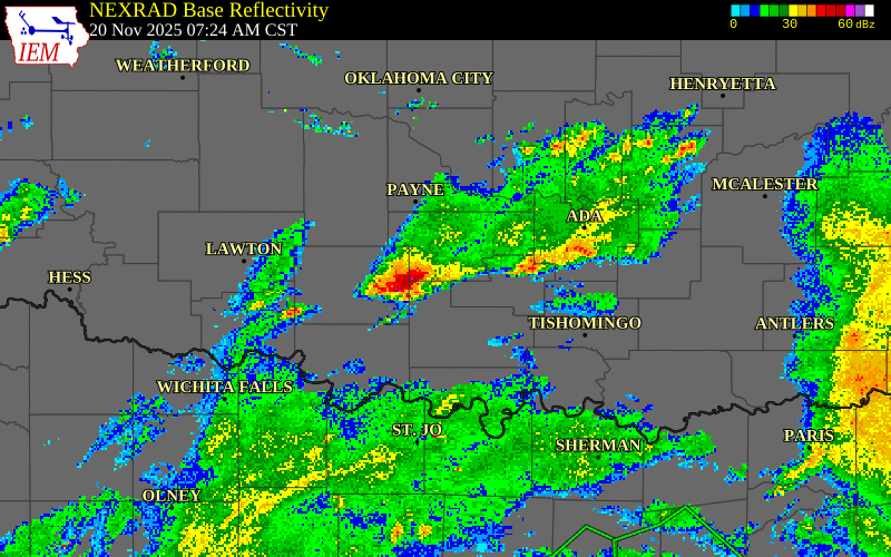 NEXRAD radar during the Thursday, November 20, 2025 storm activity in Garvin County, Oklahoma