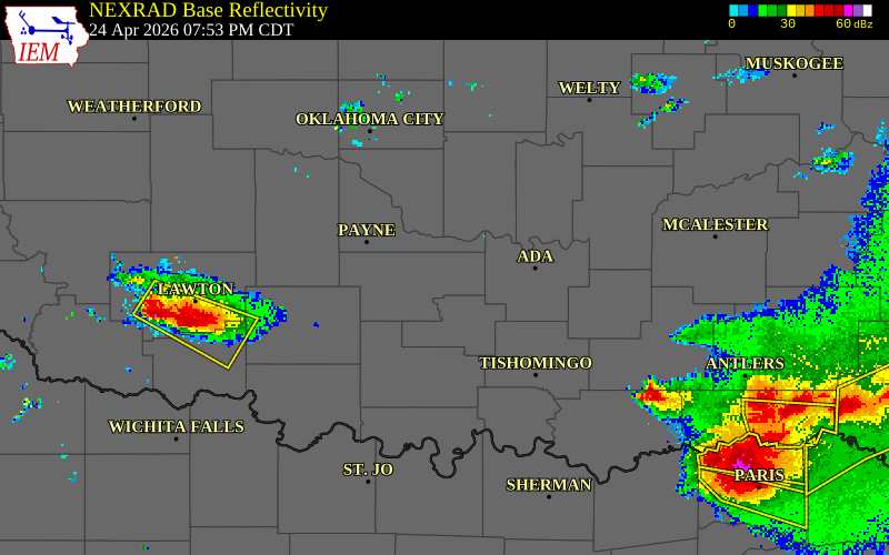 NEXRAD radar during the Friday, April 24, 2026 storm activity in Garvin County, Oklahoma