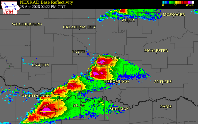 NEXRAD radar during the Tuesday, April 28, 2026 storm activity in Garvin County, Oklahoma