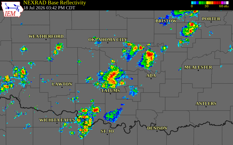 NEXRAD radar during the Saturday, July 18, 2026 storm activity in Garvin County, Oklahoma
