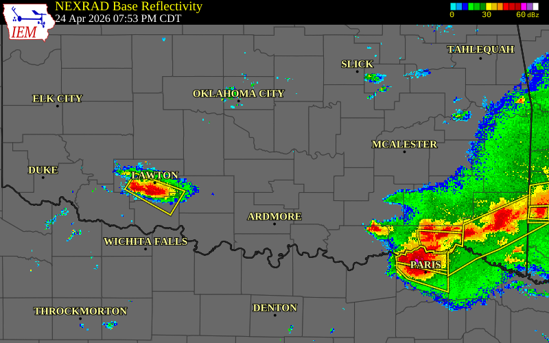 Radar snapshot during the Apr 24, 2026 tornado event near 5 E Pauls Valley, Garvin County, Oklahoma, with NWS warning polygons