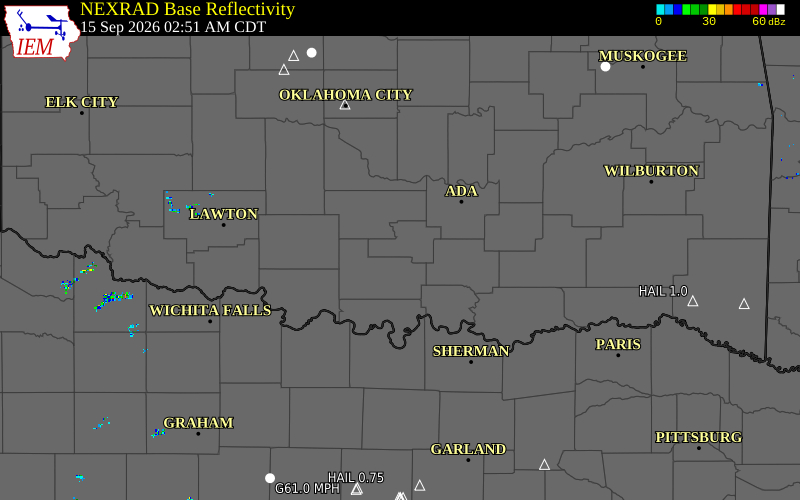 Current NEXRAD radar over Garvin County, Oklahoma with recent storm report locations