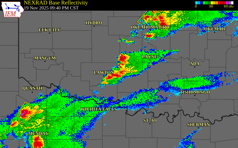 NEXRAD radar during the Wednesday, November 19, 2025 storm activity in Grady County, Oklahoma