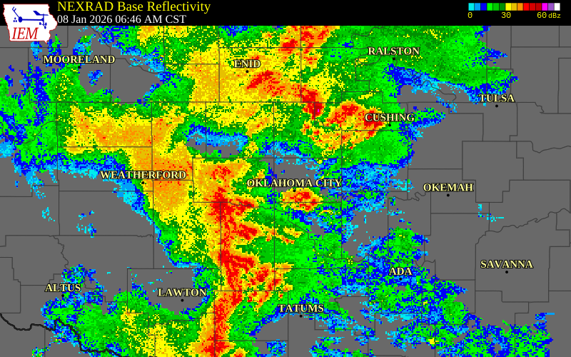 NEXRAD radar during the Thursday, January 8, 2026 storm activity in Grady County, Oklahoma