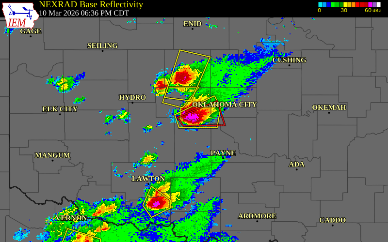 NEXRAD radar during the Tuesday, March 10, 2026 storm activity in Grady County, Oklahoma