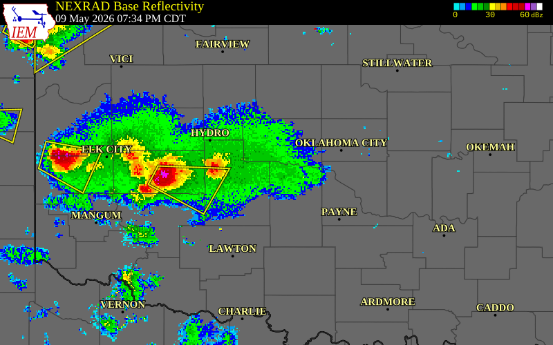 NEXRAD radar during the Saturday, May 9, 2026 storm activity in Grady County, Oklahoma