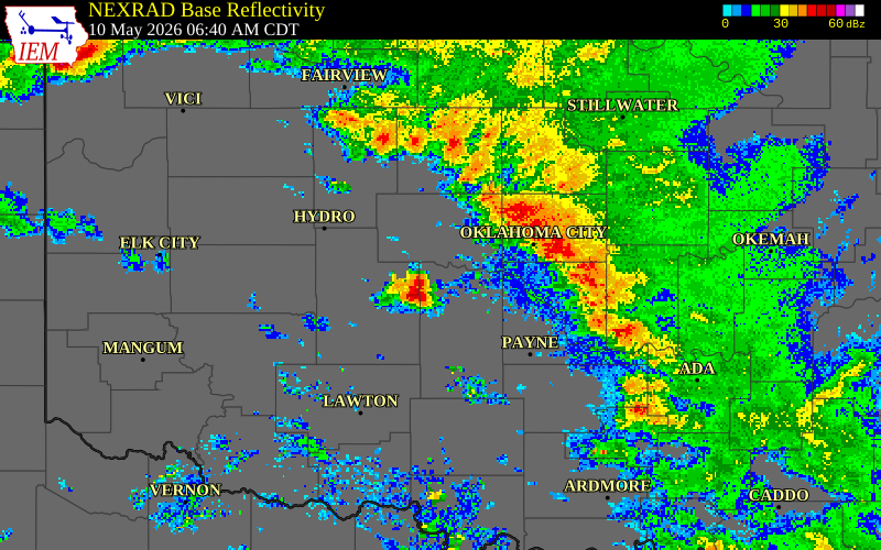 NEXRAD radar during the Sunday, May 10, 2026 storm activity in Grady County, Oklahoma