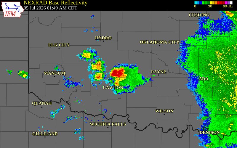 NEXRAD radar during the Sunday, July 5, 2026 storm activity in Grady County, Oklahoma