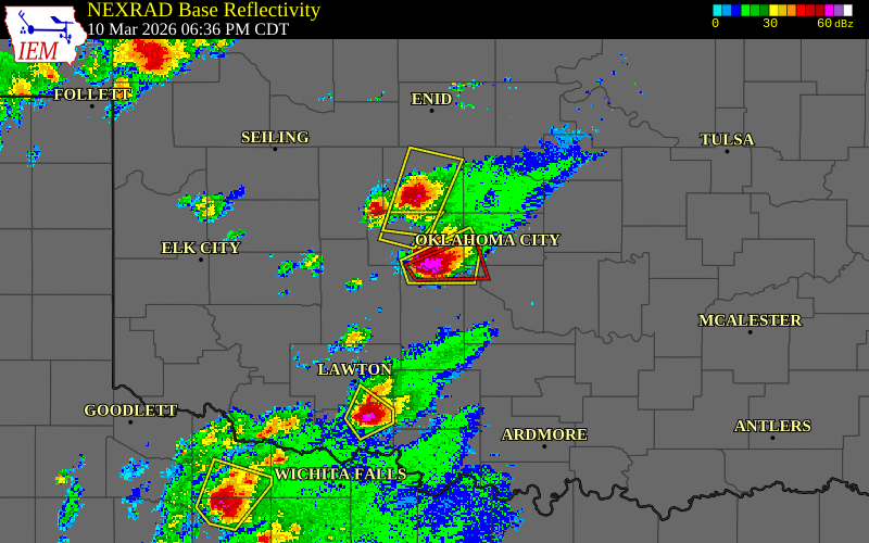Radar snapshot during the Mar 10, 2026 tornado event near 5 NW Tuttle, Grady County, Oklahoma, with NWS warning polygons