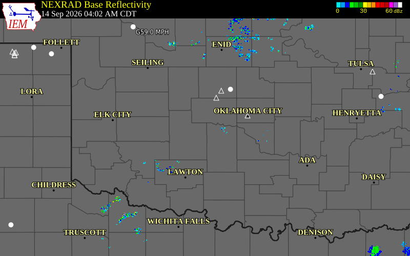 Current NEXRAD radar over Grady County, Oklahoma with recent storm report locations