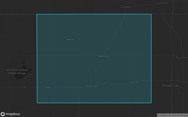 Map of Grant County, Oklahoma showing the county boundary and surrounding cities