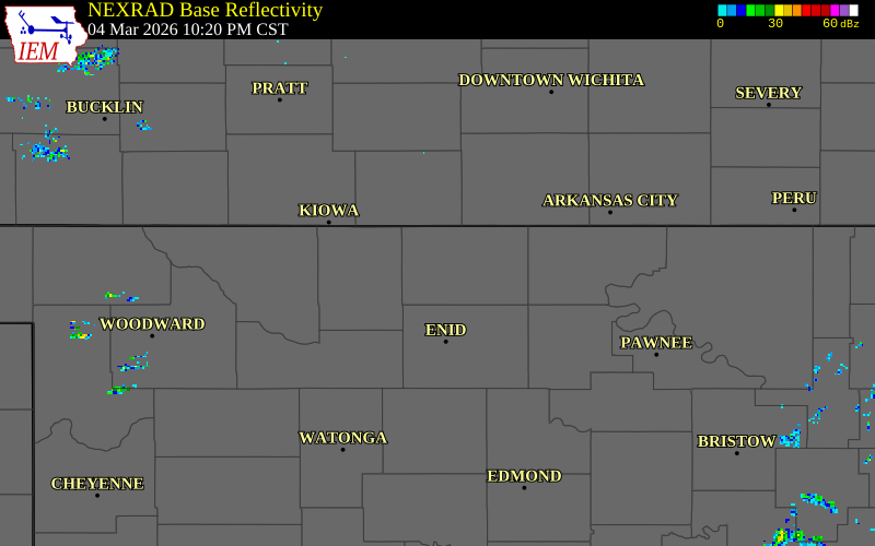NEXRAD radar during the Wednesday, March 4, 2026 storm activity in Grant County, Oklahoma