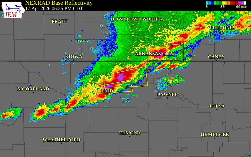 NEXRAD radar during the Friday, April 17, 2026 storm activity in Grant County, Oklahoma