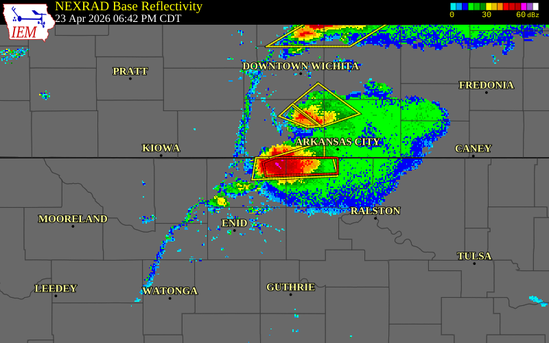 NEXRAD radar during the Thursday, April 23, 2026 storm activity in Grant County, Oklahoma