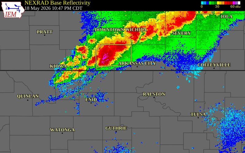 NEXRAD radar during the Monday, May 18, 2026 storm activity in Grant County, Oklahoma
