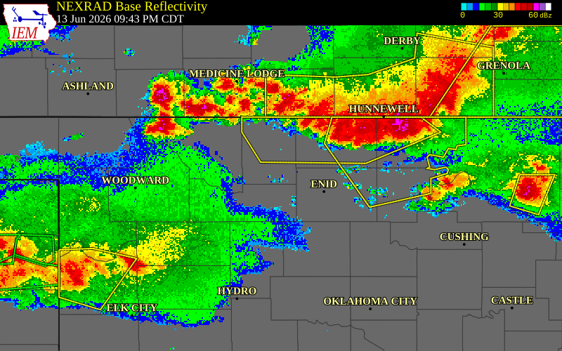 NEXRAD radar during the Saturday, June 13, 2026 storm activity in Grant County, Oklahoma