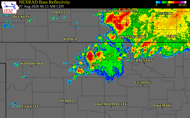 NEXRAD radar during the Friday, August 7, 2026 storm activity in Grant County, Oklahoma