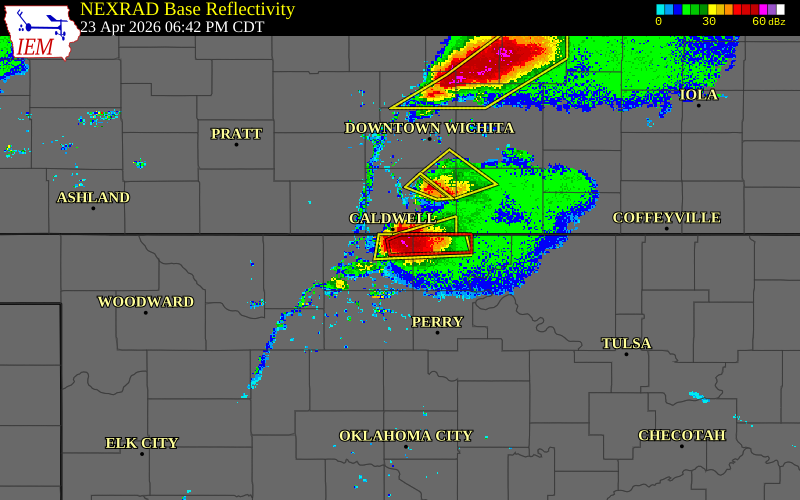 Radar snapshot during the Apr 23, 2026 tornado event near 6 ESE Renfrow, Grant County, Oklahoma, with NWS warning polygons