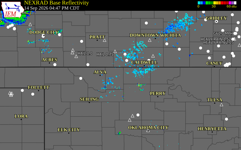 Current NEXRAD radar over Grant County, Oklahoma with recent storm report locations