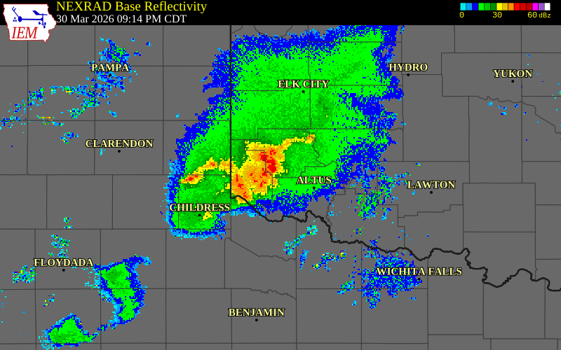 NEXRAD radar during the Monday, March 30, 2026 storm activity in Greer County, Oklahoma