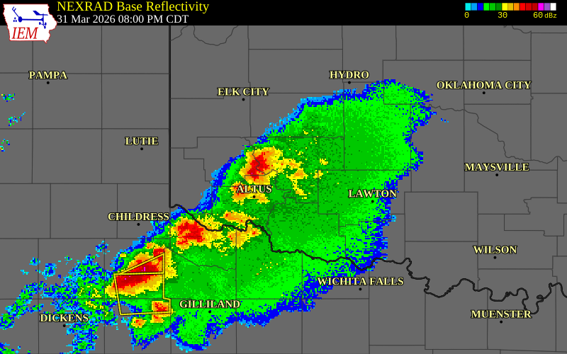 NEXRAD radar during the Tuesday, March 31, 2026 storm activity in Greer County, Oklahoma