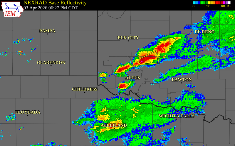 NEXRAD radar during the Friday, April 3, 2026 storm activity in Greer County, Oklahoma