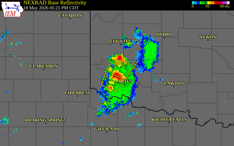NEXRAD radar during the Monday, May 18, 2026 storm activity in Greer County, Oklahoma