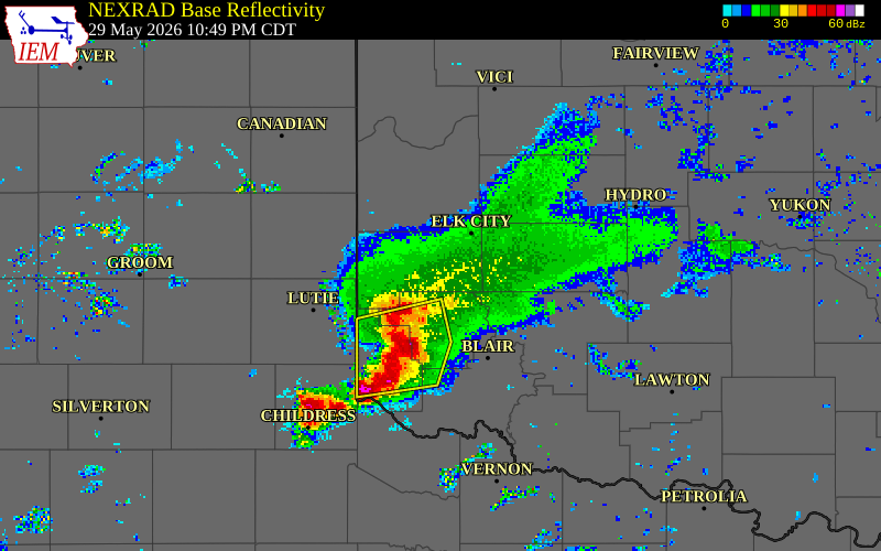 NEXRAD radar during the Friday, May 29, 2026 storm activity in Greer County, Oklahoma