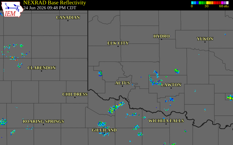 NEXRAD radar during the Wednesday, June 24, 2026 storm activity in Greer County, Oklahoma