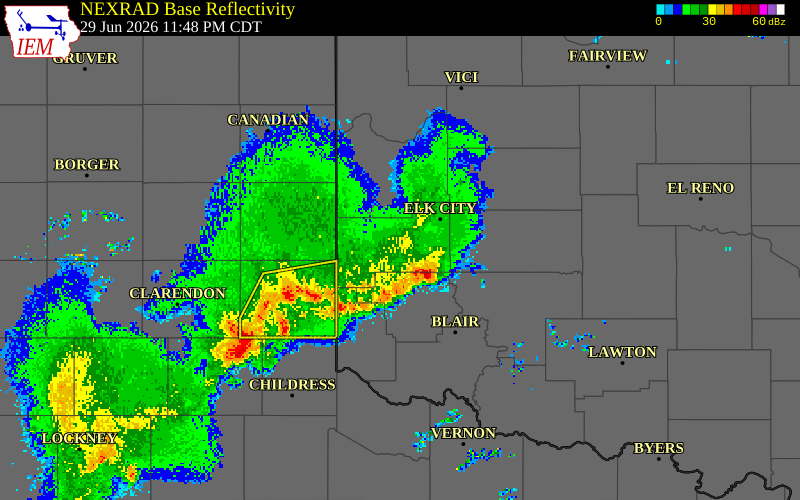 NEXRAD radar during the Monday, June 29, 2026 storm activity in Greer County, Oklahoma