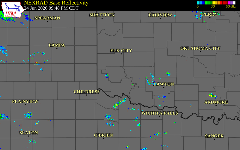Radar snapshot during the Jun 24, 2026 wind event near 4 ENE Mangum, Greer County, Oklahoma, with NWS warning polygons