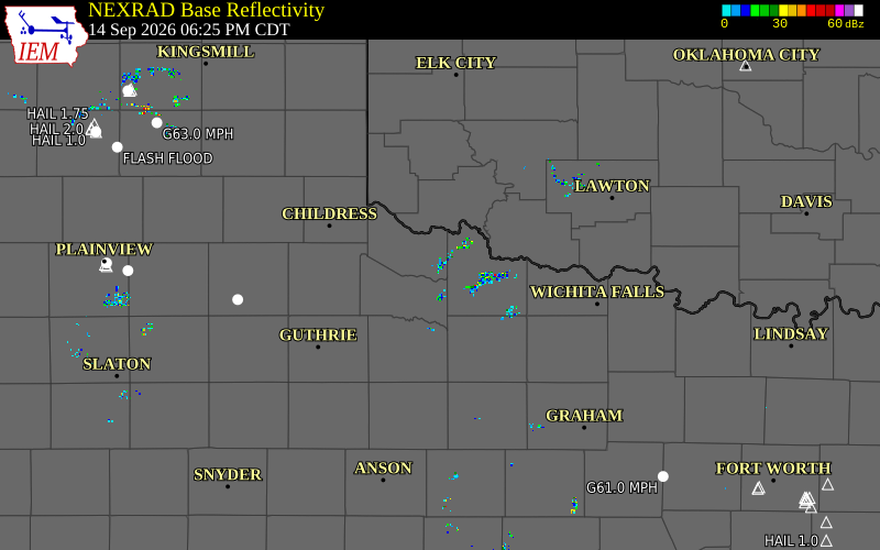 Current NEXRAD radar over Greer County, Oklahoma with recent storm report locations