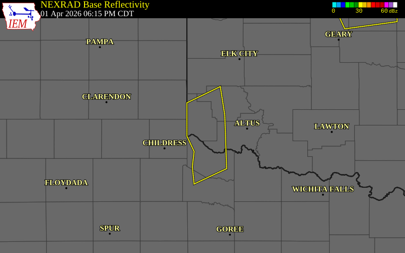 NEXRAD radar during the Wednesday, April 1, 2026 storm activity in Harmon County, Oklahoma