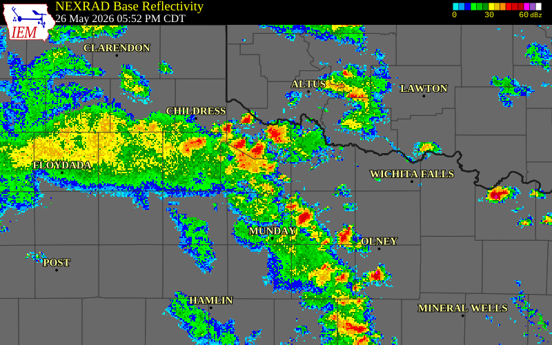 NEXRAD radar during the Tuesday, May 26, 2026 storm activity in Harmon County, Oklahoma