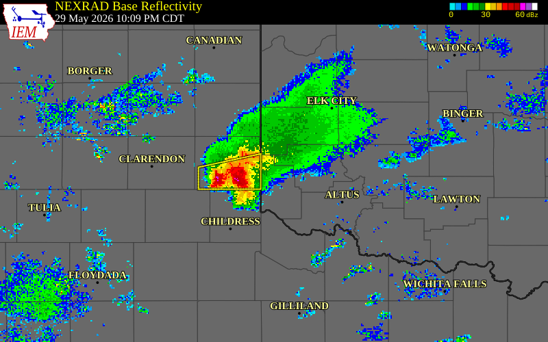 NEXRAD radar during the Friday, May 29, 2026 storm activity in Harmon County, Oklahoma