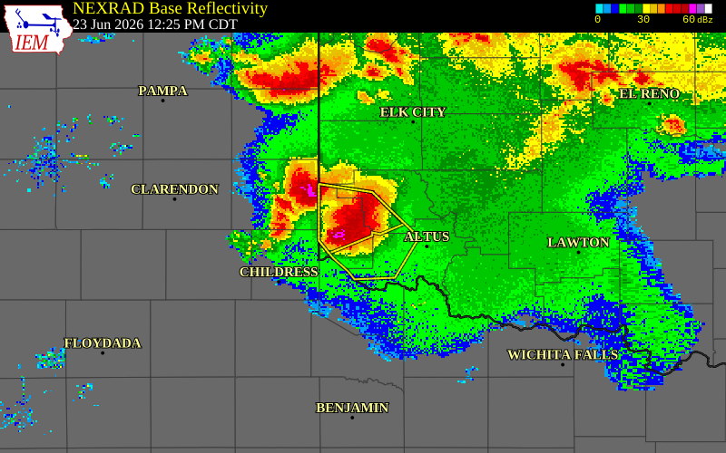 NEXRAD radar during the Tuesday, June 23, 2026 storm activity in Harmon County, Oklahoma