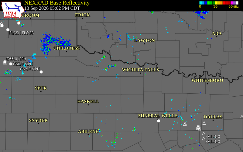 Current NEXRAD radar over Harmon County, Oklahoma with recent storm report locations