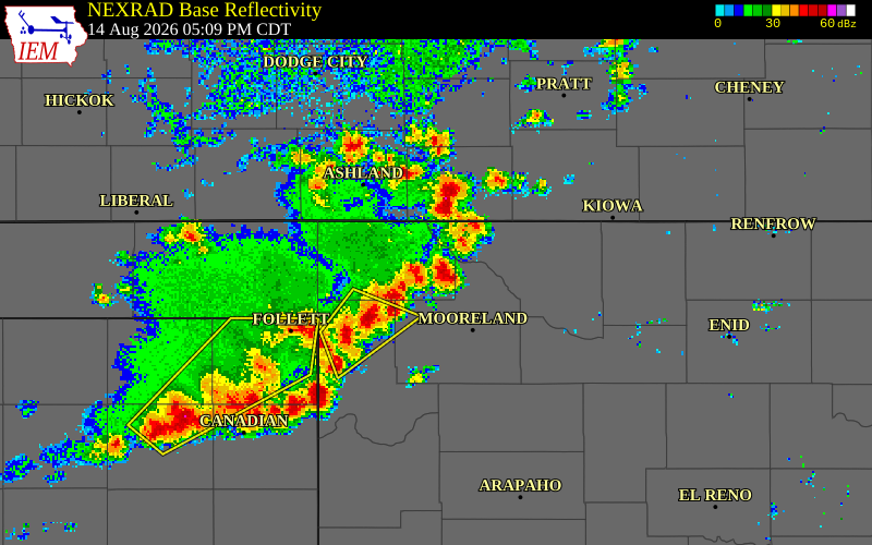 NEXRAD radar during the Friday, August 14, 2026 storm activity in Harper County, Oklahoma