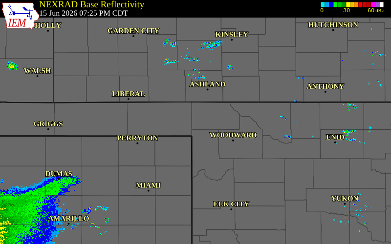 Radar snapshot during the Jun 15, 2026 wind event near 3 W Laverne, Harper County, Oklahoma, with NWS warning polygons