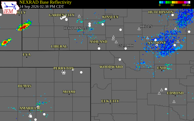 Current NEXRAD radar over Harper County, Oklahoma with recent storm report locations