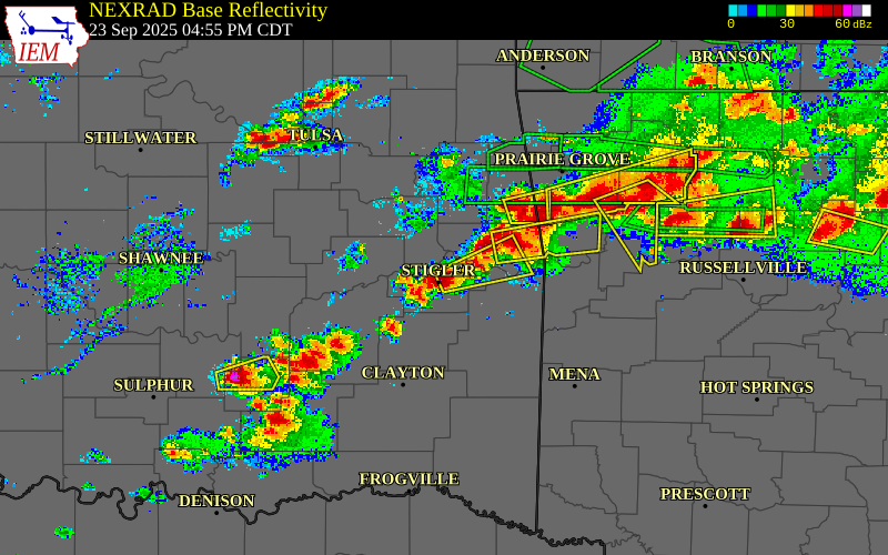 Radar snapshot during the Sep 23, 2025 wind event near 3 NNE Stigler, Haskell County, Oklahoma, with NWS warning polygons