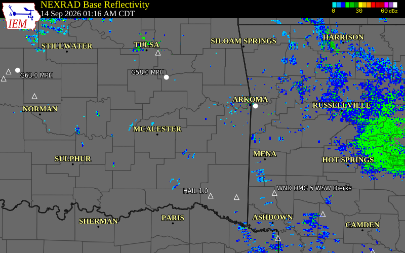 Current NEXRAD radar over Haskell County, Oklahoma with recent storm report locations