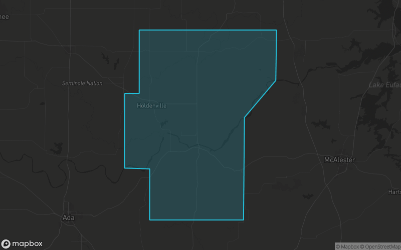 Map of Hughes County, Oklahoma showing the county boundary and surrounding cities