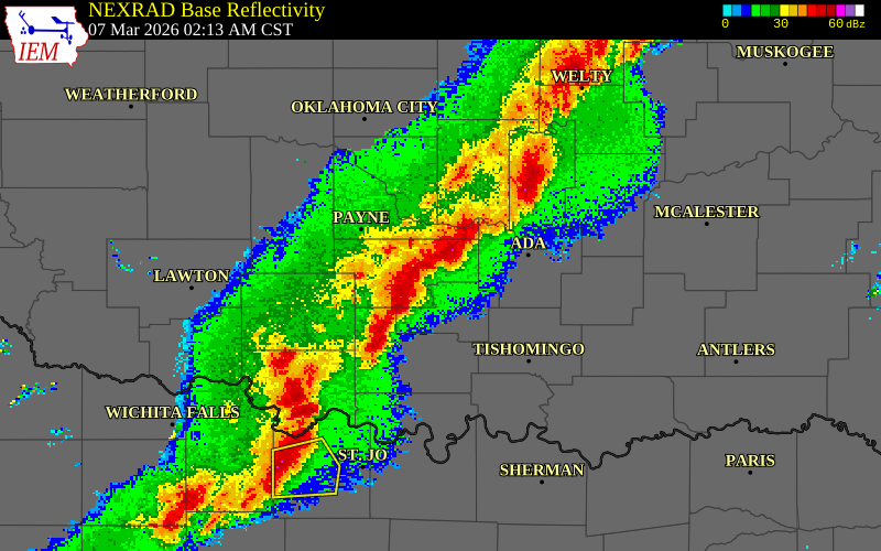 NEXRAD radar during the Saturday, March 7, 2026 storm activity in Hughes County, Oklahoma