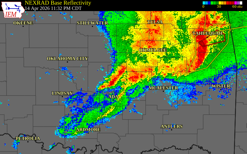 NEXRAD radar during the Tuesday, April 14, 2026 storm activity in Hughes County, Oklahoma