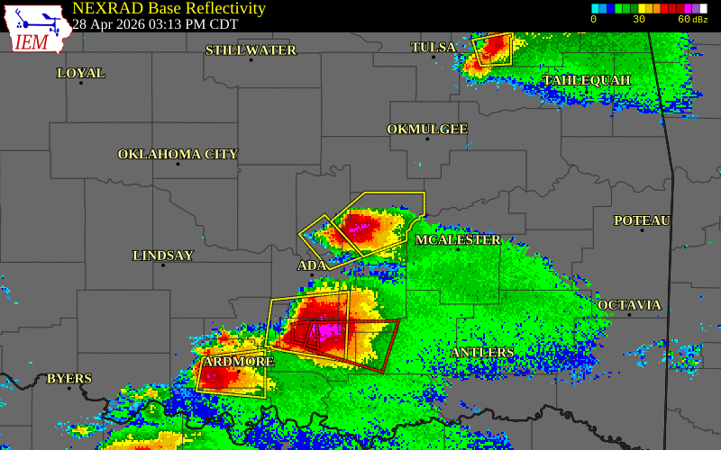 NEXRAD radar during the Tuesday, April 28, 2026 storm activity in Hughes County, Oklahoma