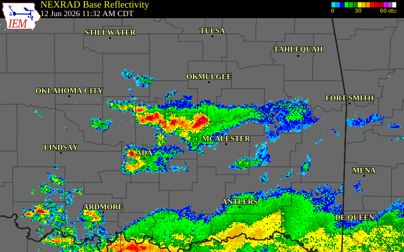 NEXRAD radar during the Friday, June 12, 2026 storm activity in Hughes County, Oklahoma